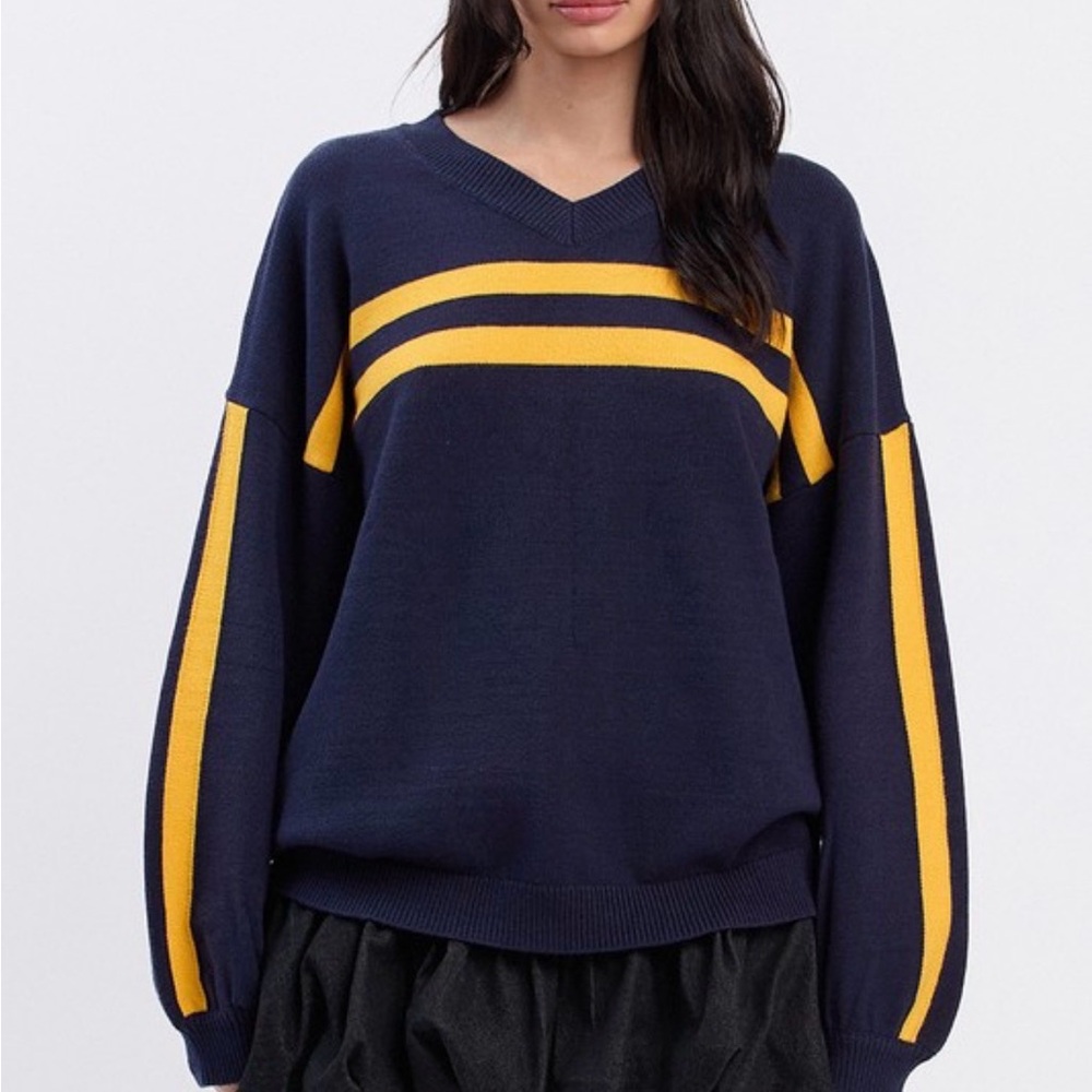Navy and Yellow Striped Sweater with Black Skirt